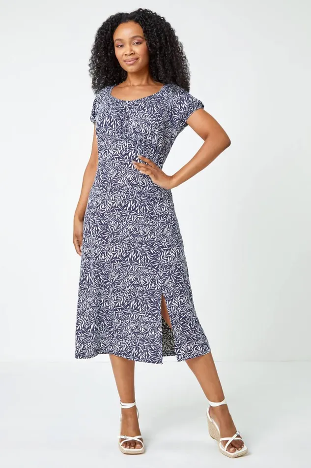 Blue Petite Leaf Print Midi Stretch Dress Women Roman Dresses