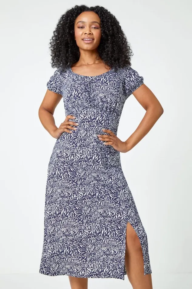 Blue Petite Leaf Print Midi Stretch Dress Women Roman Dresses