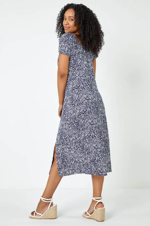 Blue Petite Leaf Print Midi Stretch Dress Women Roman Dresses