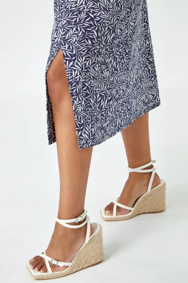 Blue Petite Leaf Print Midi Stretch Dress Women Roman Dresses