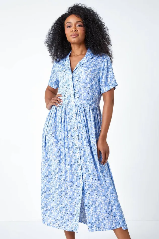 Blue Petite Spot Print Midi Tea Dress Women Roman Dresses