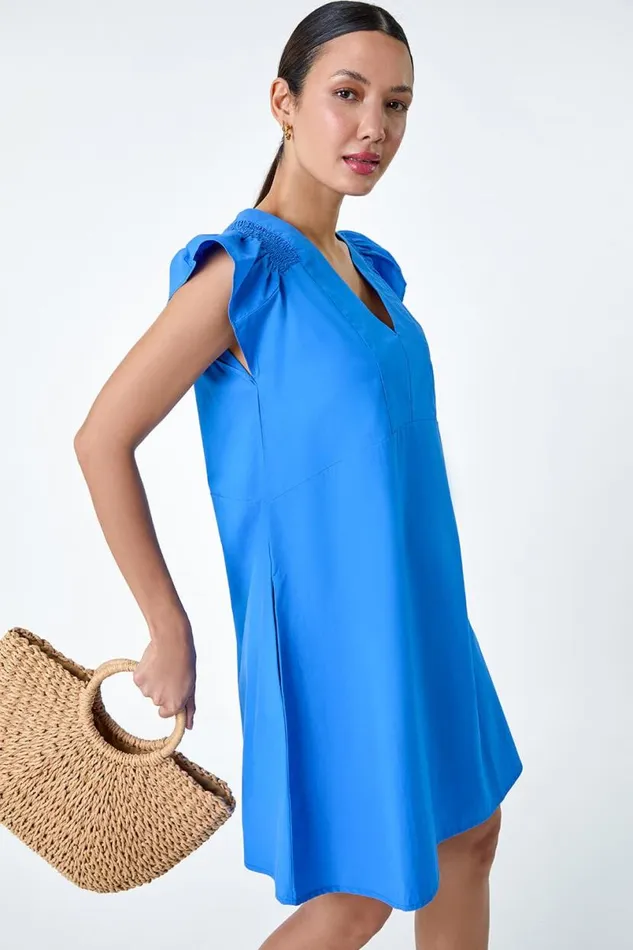 Blue Plain Cotton Frill Sleeve Pocket Dress Women Roman Dresses