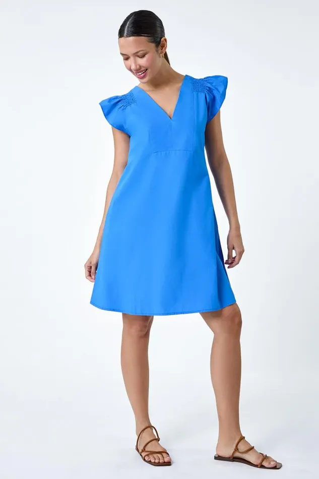 Blue Plain Cotton Frill Sleeve Pocket Dress Women Roman Dresses