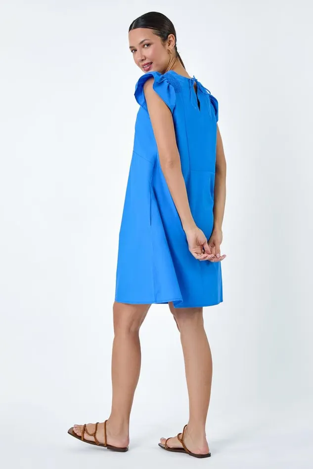 Blue Plain Cotton Frill Sleeve Pocket Dress Women Roman Dresses