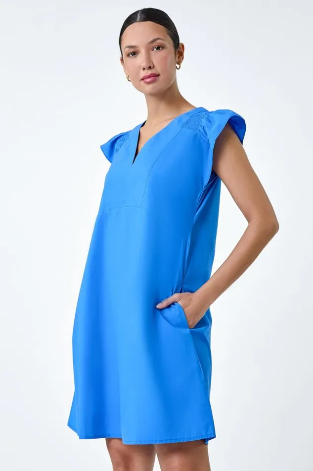 Blue Plain Cotton Frill Sleeve Pocket Dress Women Roman Dresses