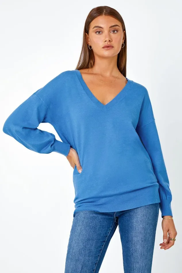 Blue Plain Stretch VNeck Longline Jumper Women Roman Knitwear