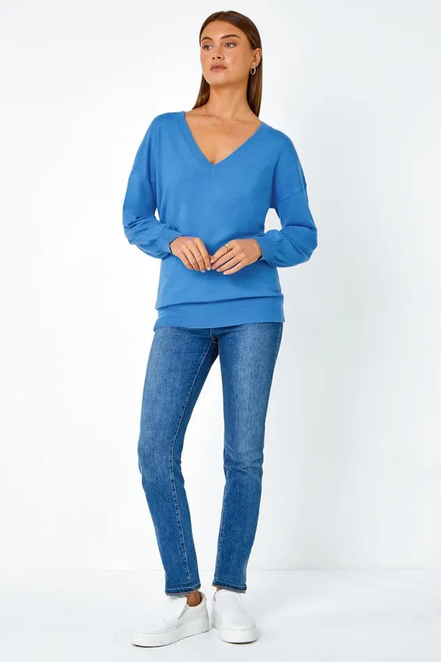 Blue Plain Stretch VNeck Longline Jumper Women Roman Knitwear