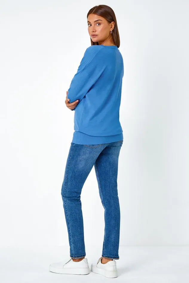 Blue Plain Stretch VNeck Longline Jumper Women Roman Knitwear