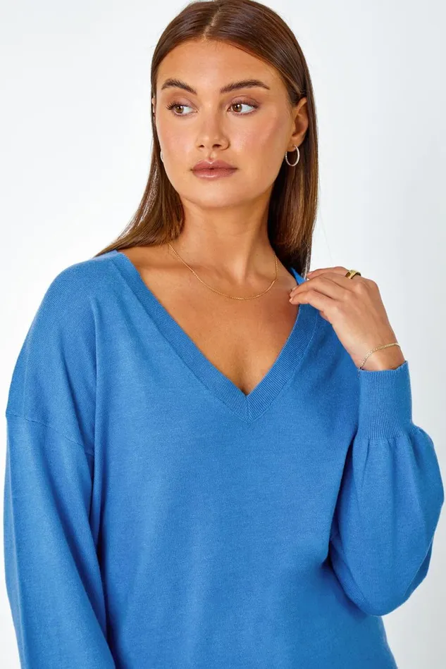 Blue Plain Stretch VNeck Longline Jumper Women Roman Knitwear