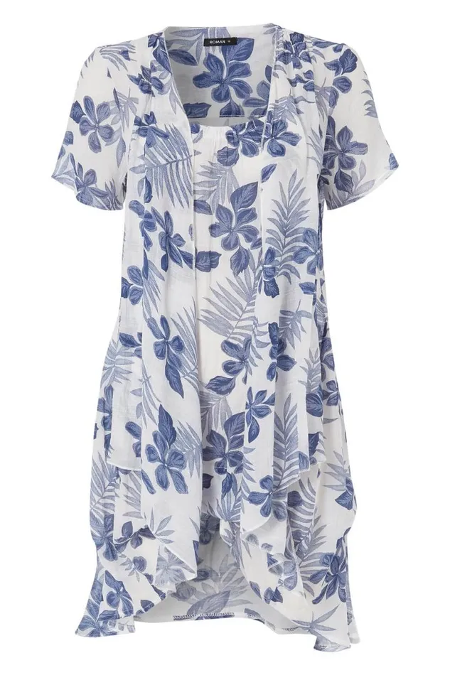 Blue Short Sleeve Floral Crinkle Tunic Top Women Roman Tops
