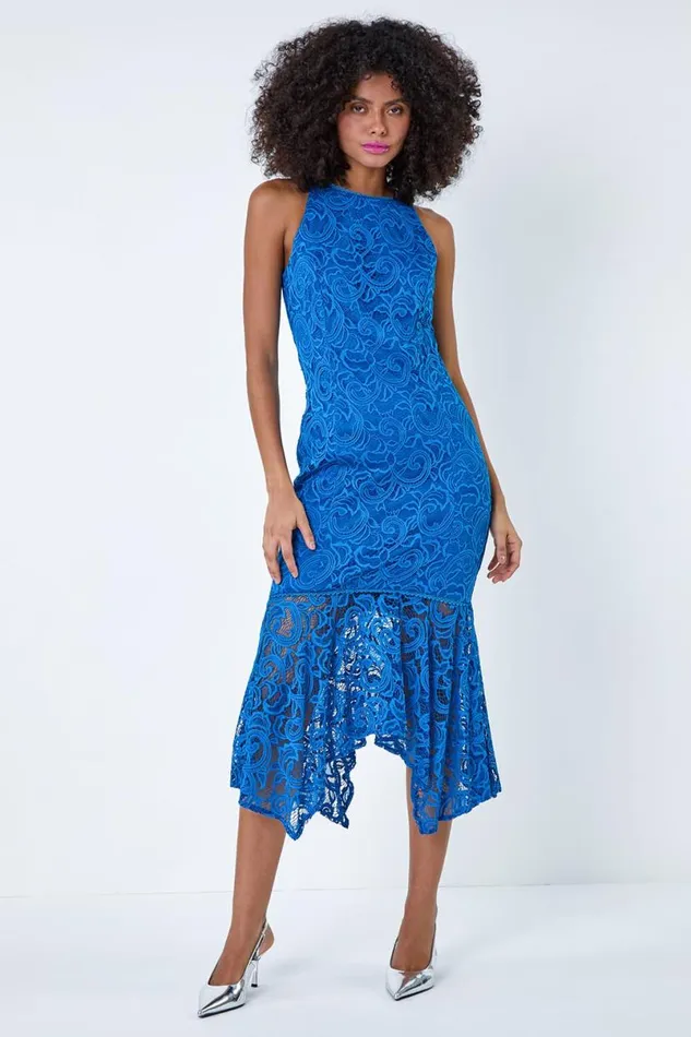 Blue Sleeveless Stretch Lace Midi Dress Women Roman Dresses