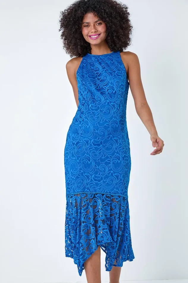 Blue Sleeveless Stretch Lace Midi Dress Women Roman Dresses
