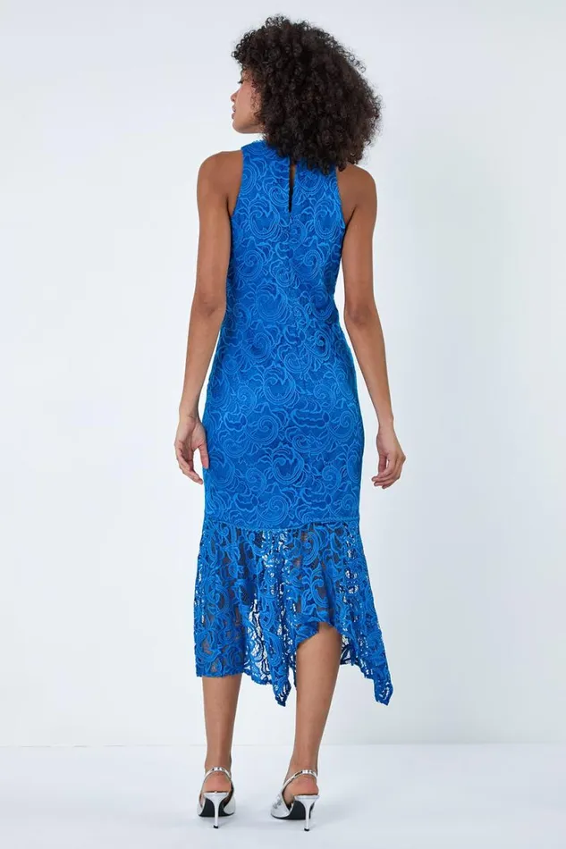 Blue Sleeveless Stretch Lace Midi Dress Women Roman Dresses