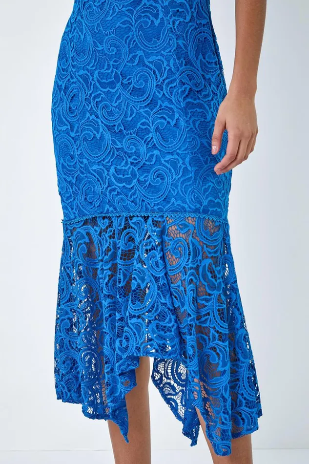 Blue Sleeveless Stretch Lace Midi Dress Women Roman Dresses