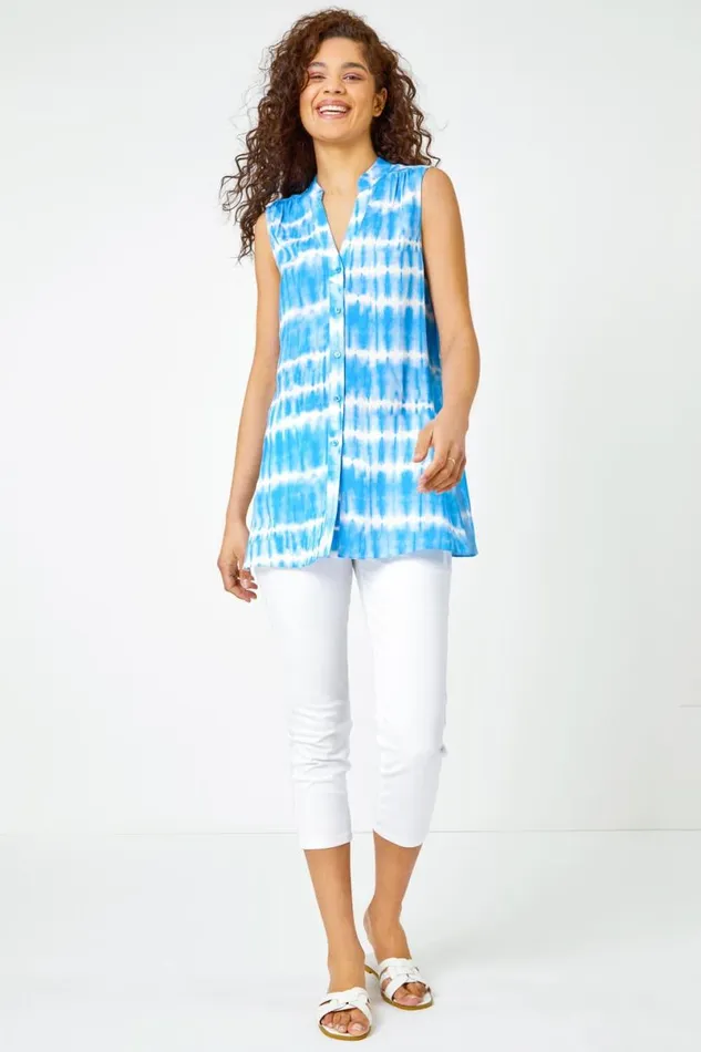 Blue Sleeveless Tie Dye Shirt Women Roman Tops