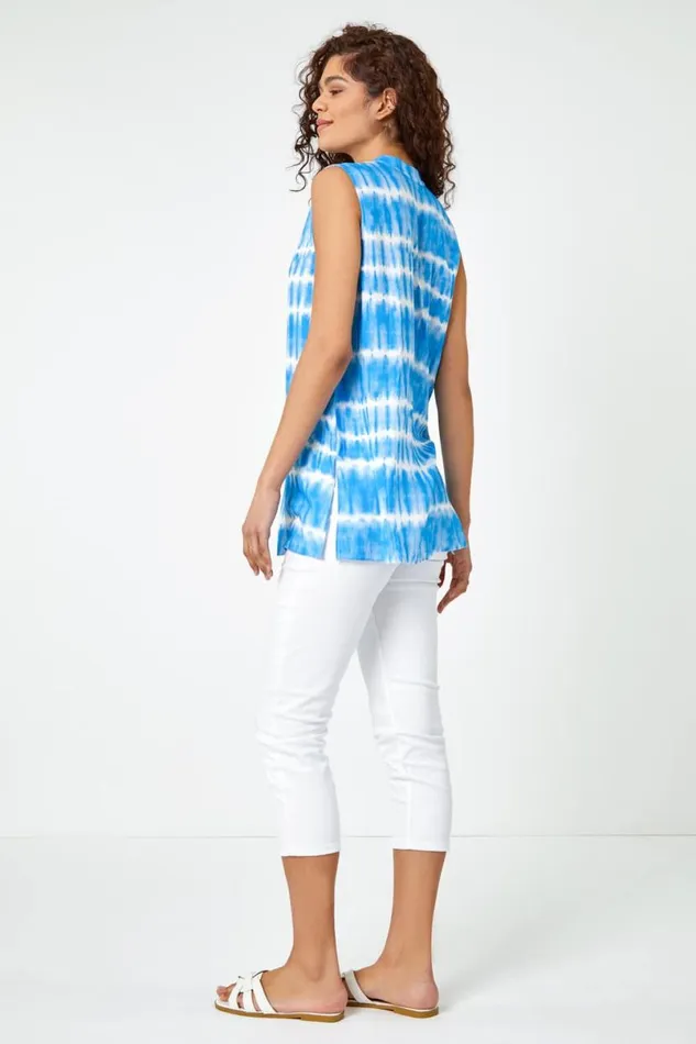 Blue Sleeveless Tie Dye Shirt Women Roman Tops