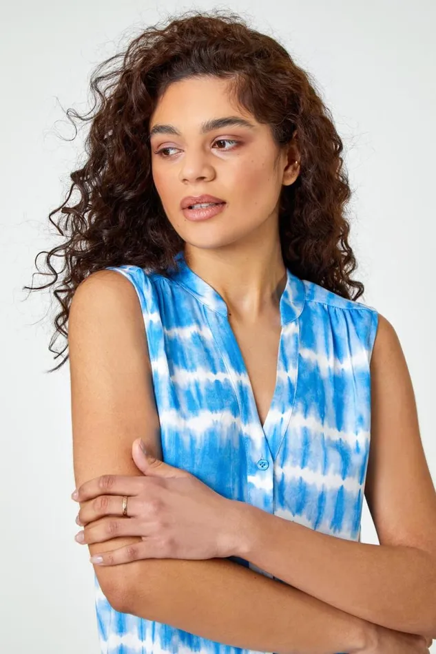 Blue Sleeveless Tie Dye Shirt Women Roman Tops