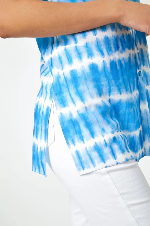 Blue Sleeveless Tie Dye Shirt Women Roman Tops