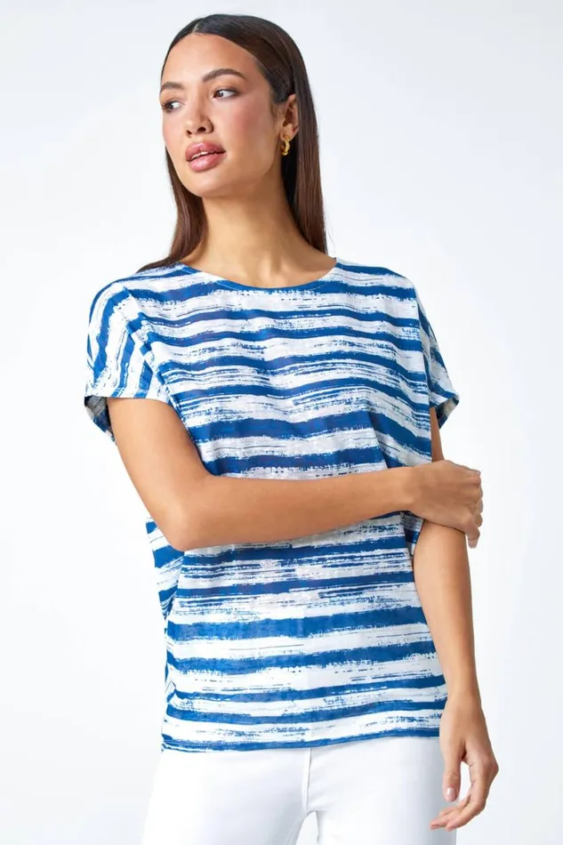 Blue Stripe Print Blouson Stretch Top Women Roman Tops
