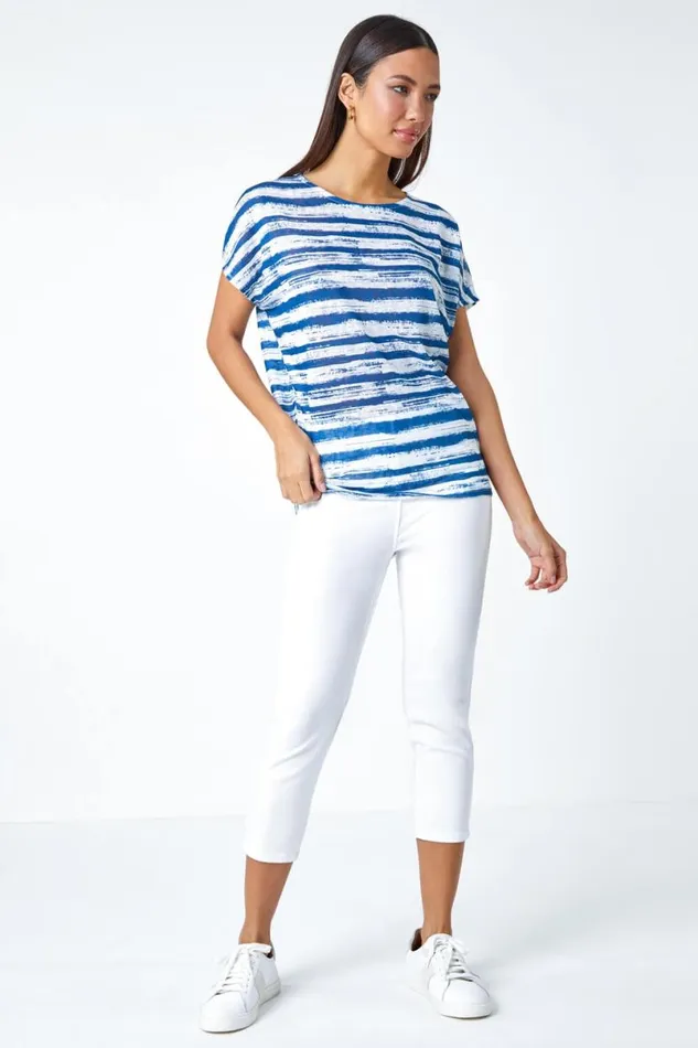Blue Stripe Print Blouson Stretch Top Women Roman Tops