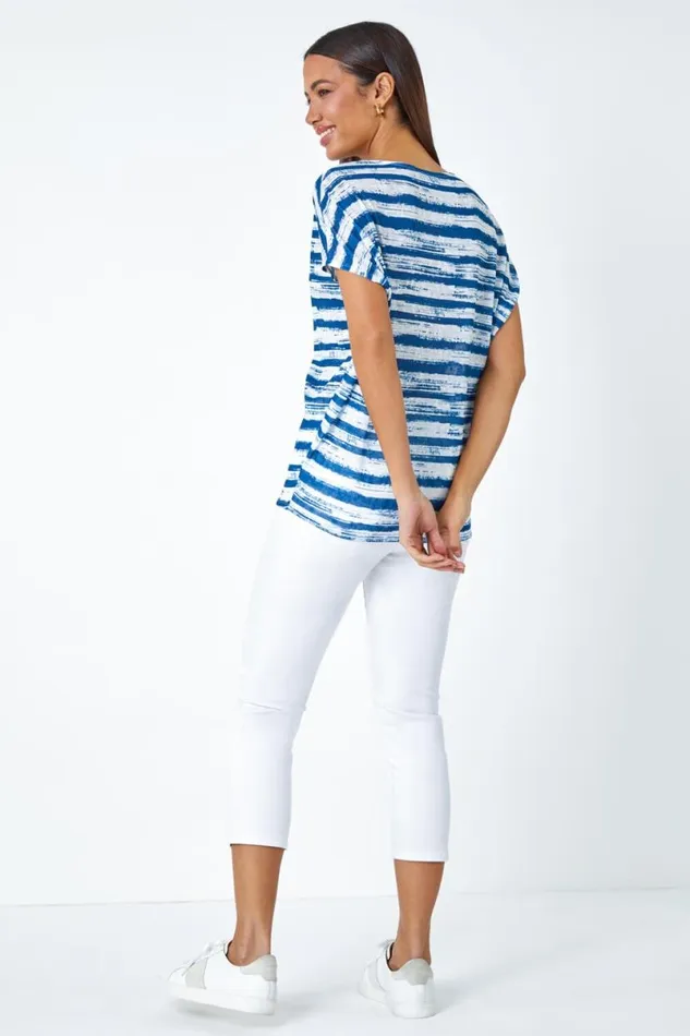 Blue Stripe Print Blouson Stretch Top Women Roman Tops