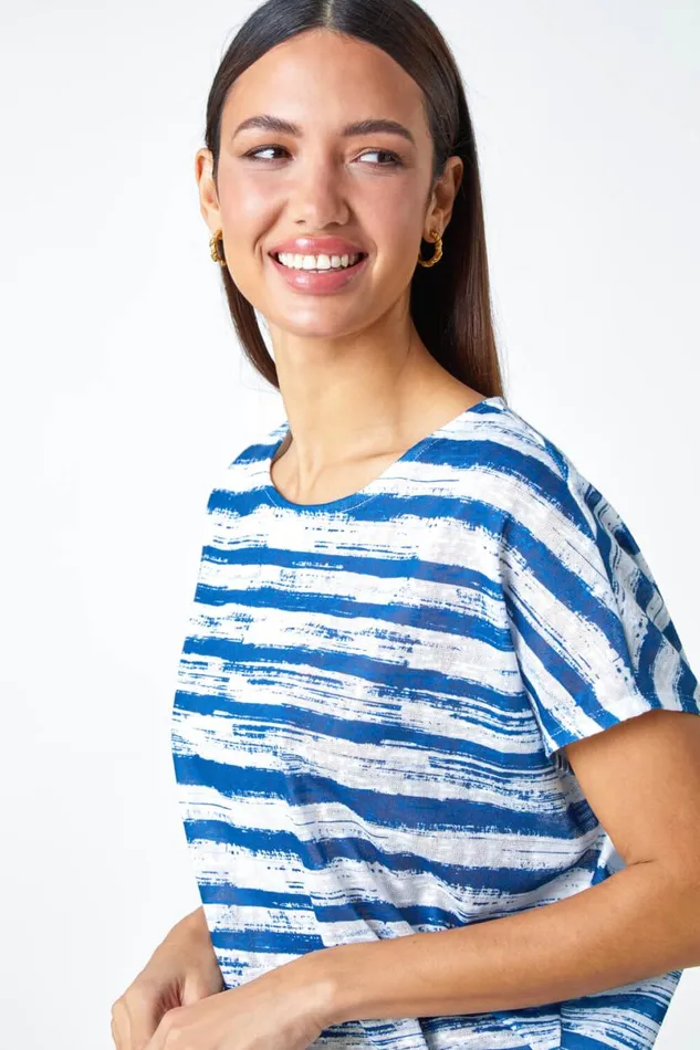 Blue Stripe Print Blouson Stretch Top Women Roman Tops