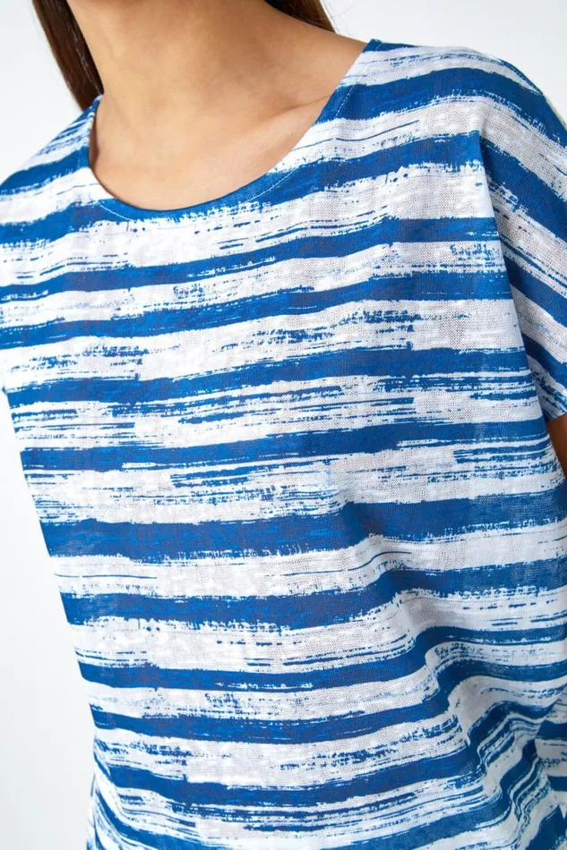 Blue Stripe Print Blouson Stretch Top Women Roman Tops
