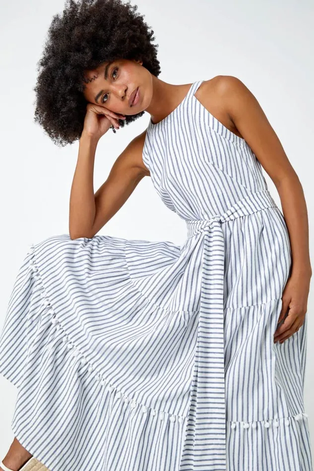Blue Tiered Cotton Halter Neck Stripe Dress Women Roman Dresses