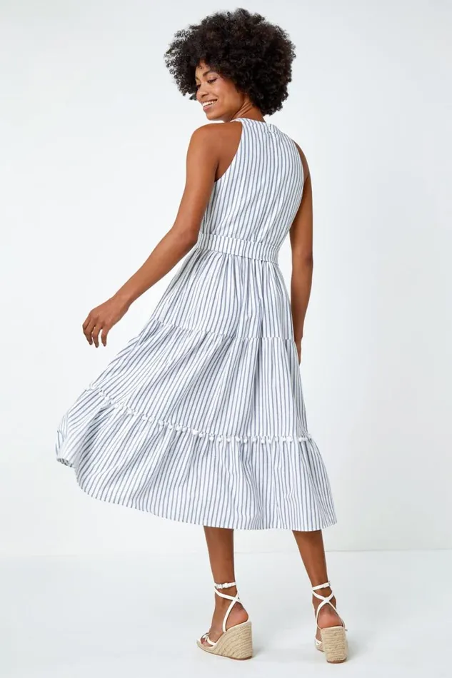 Blue Tiered Cotton Halter Neck Stripe Dress Women Roman Dresses