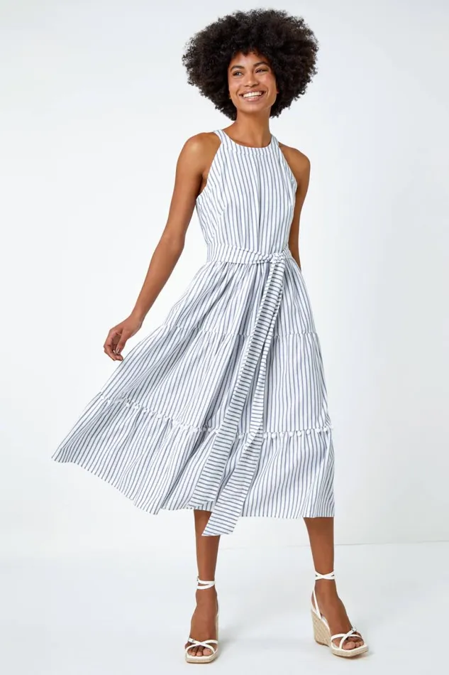 Blue Tiered Cotton Halter Neck Stripe Dress Women Roman Dresses