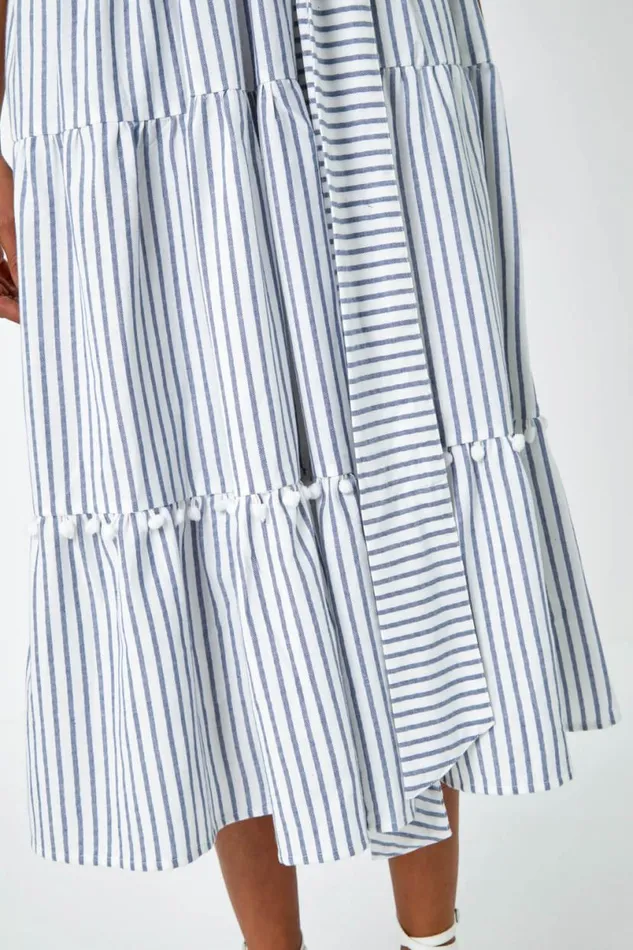 Blue Tiered Cotton Halter Neck Stripe Dress Women Roman Dresses