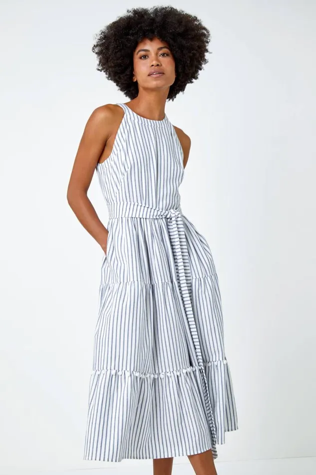 Blue Tiered Cotton Halter Neck Stripe Dress Women Roman Dresses