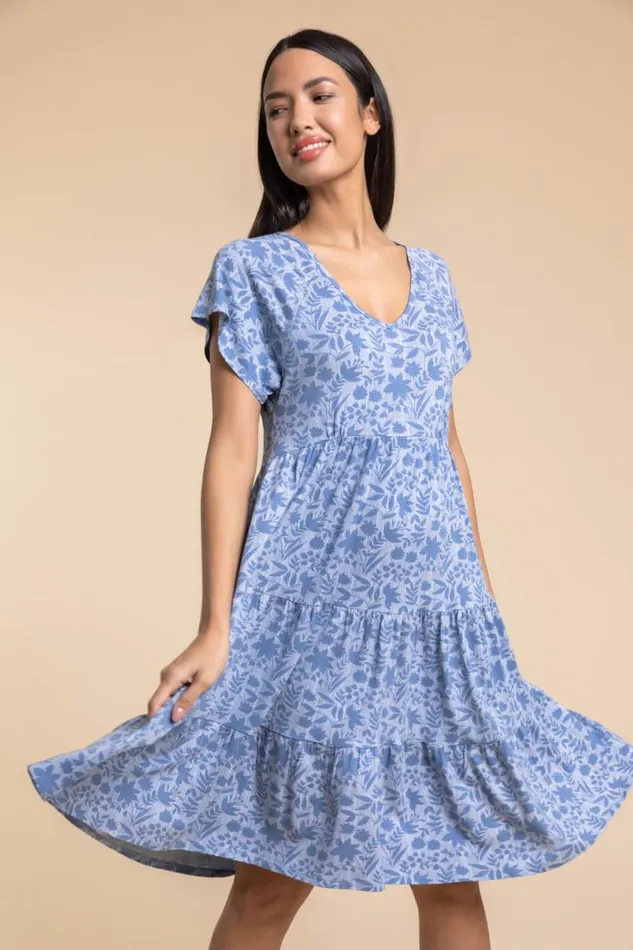 Blue Tiered Floral Print Stretch Dress Women Roman Dresses