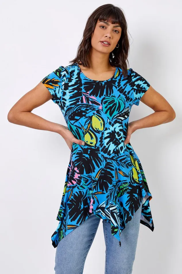 Blue Tropical Palm Print Hanky Hem Tunic Top Women Roman Tops