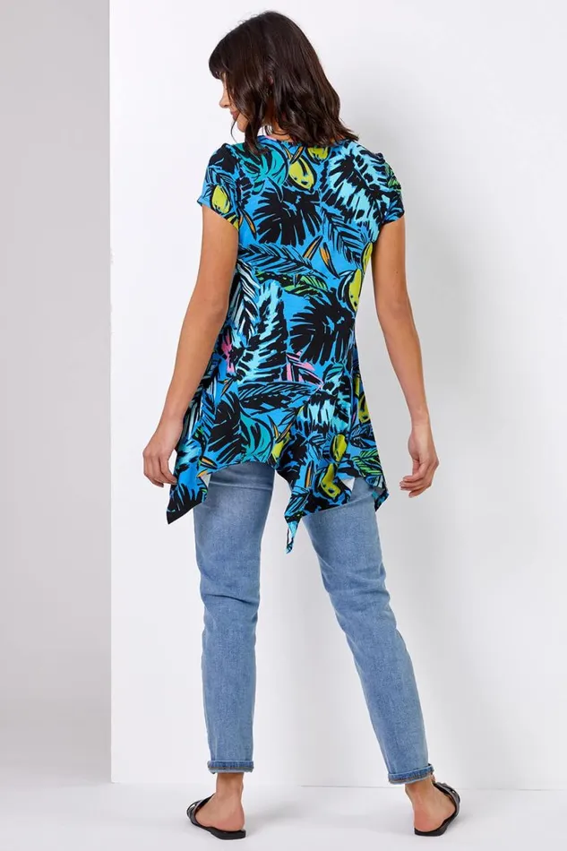Blue Tropical Palm Print Hanky Hem Tunic Top Women Roman Tops