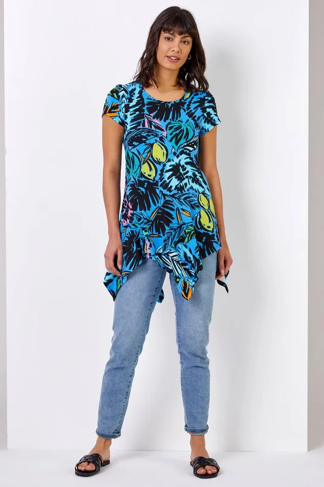 Blue Tropical Palm Print Hanky Hem Tunic Top Women Roman Tops