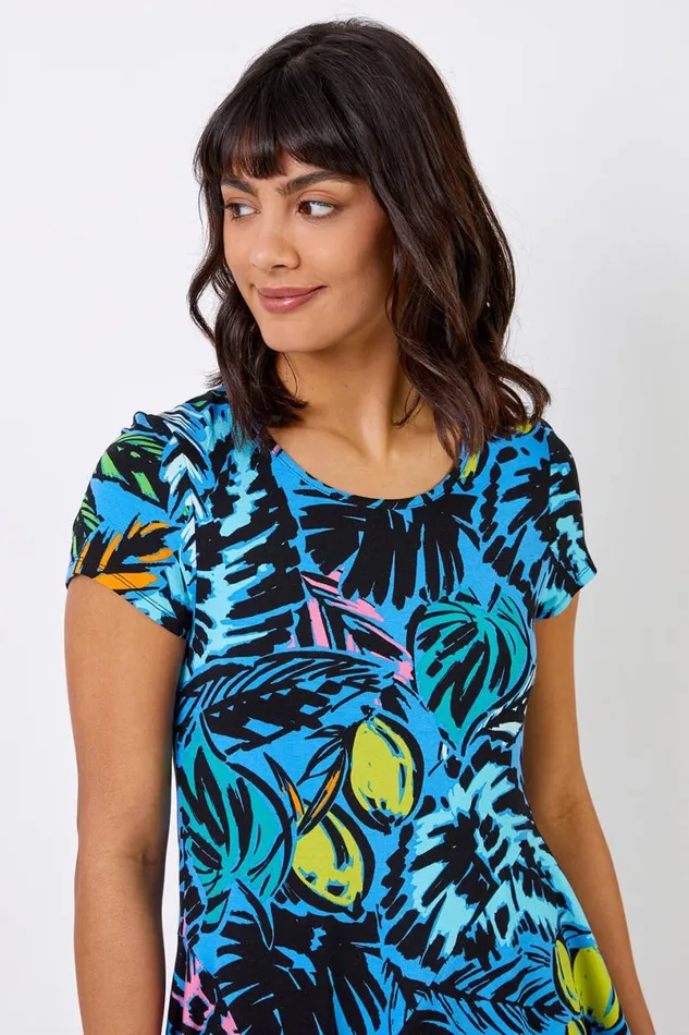 Blue Tropical Palm Print Hanky Hem Tunic Top Women Roman Tops