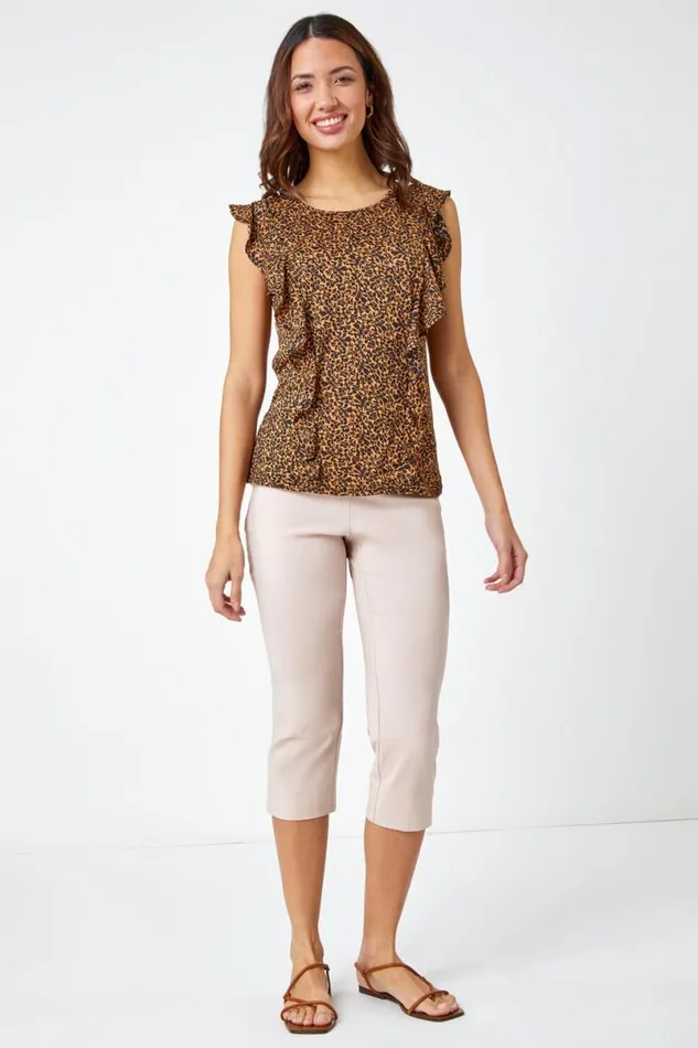 Brown Leopard Print Frill Detail Jersey Top Women Roman Tops