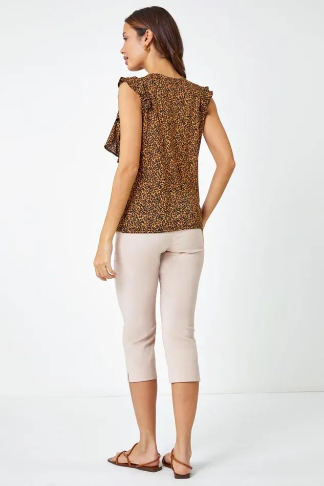 Brown Leopard Print Frill Detail Jersey Top Women Roman Tops