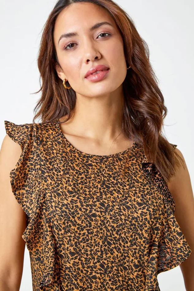 Brown Leopard Print Frill Detail Jersey Top Women Roman Tops