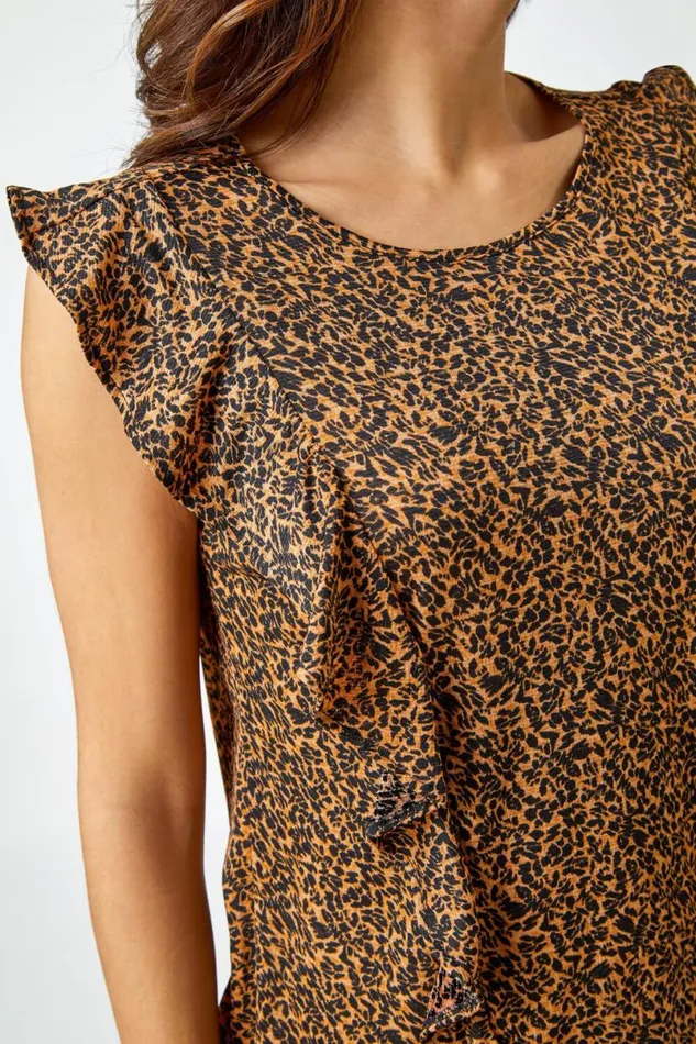 Brown Leopard Print Frill Detail Jersey Top Women Roman Tops