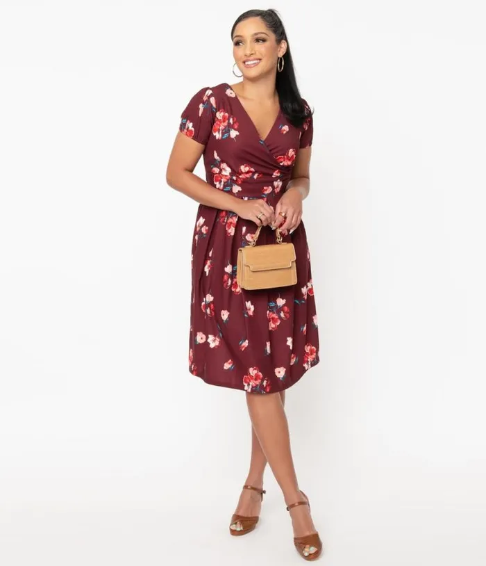 Burgundy and Pink Floral Tilly Swing Dress Dresses Unique Vintage Pocket Dresses