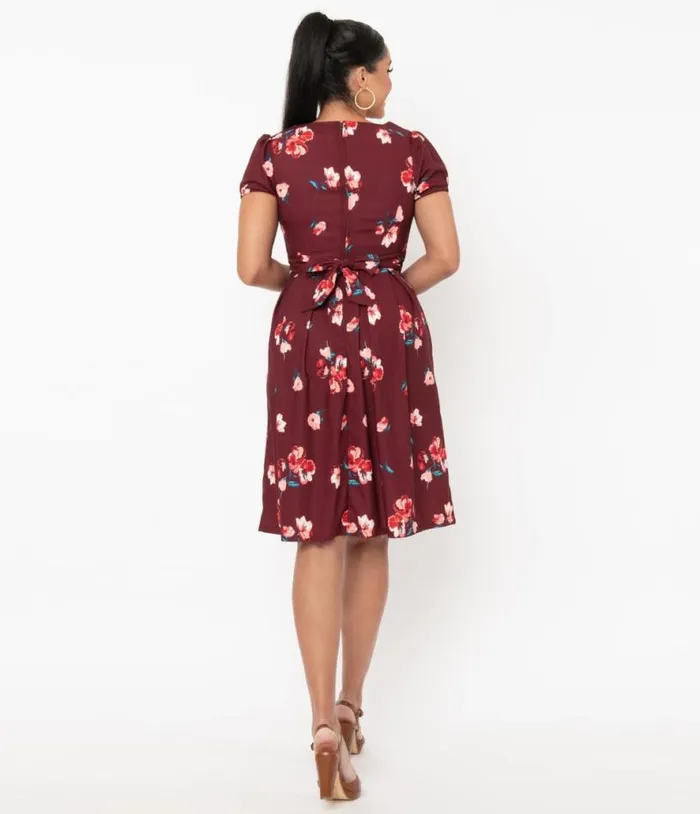 Burgundy and Pink Floral Tilly Swing Dress Dresses Unique Vintage Pocket Dresses