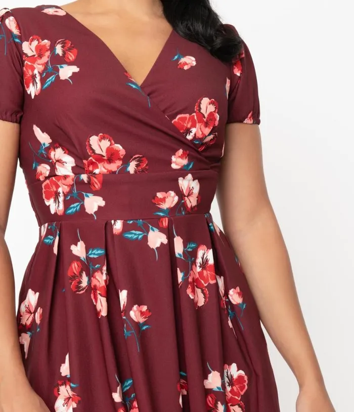 Burgundy and Pink Floral Tilly Swing Dress Dresses Unique Vintage Pocket Dresses