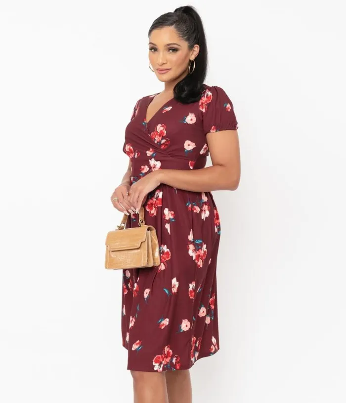 Burgundy and Pink Floral Tilly Swing Dress Dresses Unique Vintage Pocket Dresses