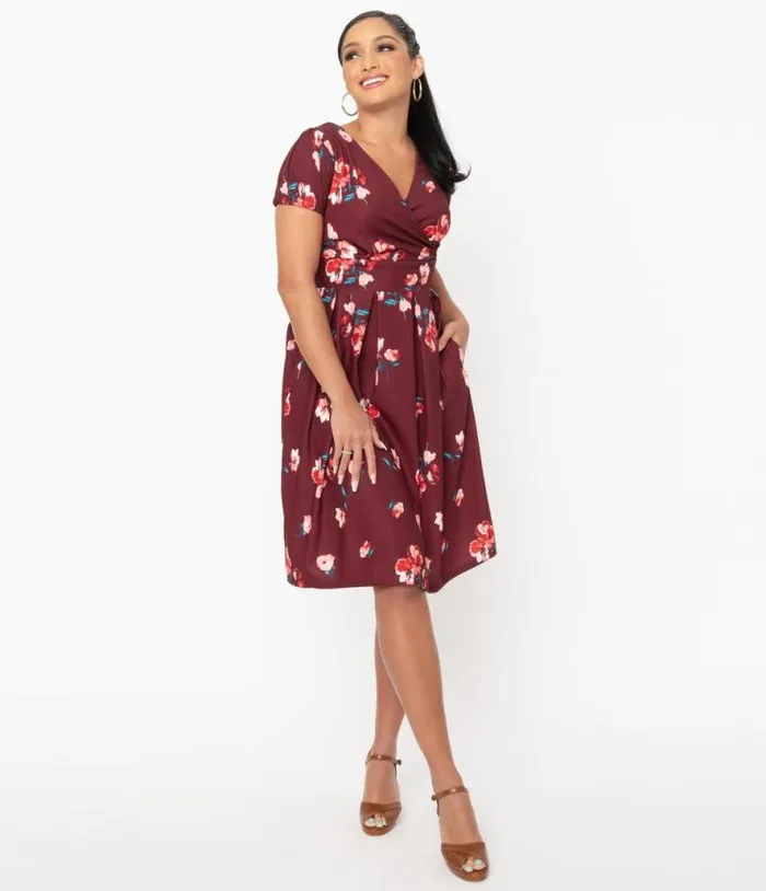Burgundy and Pink Floral Tilly Swing Dress Dresses Unique Vintage Pocket Dresses