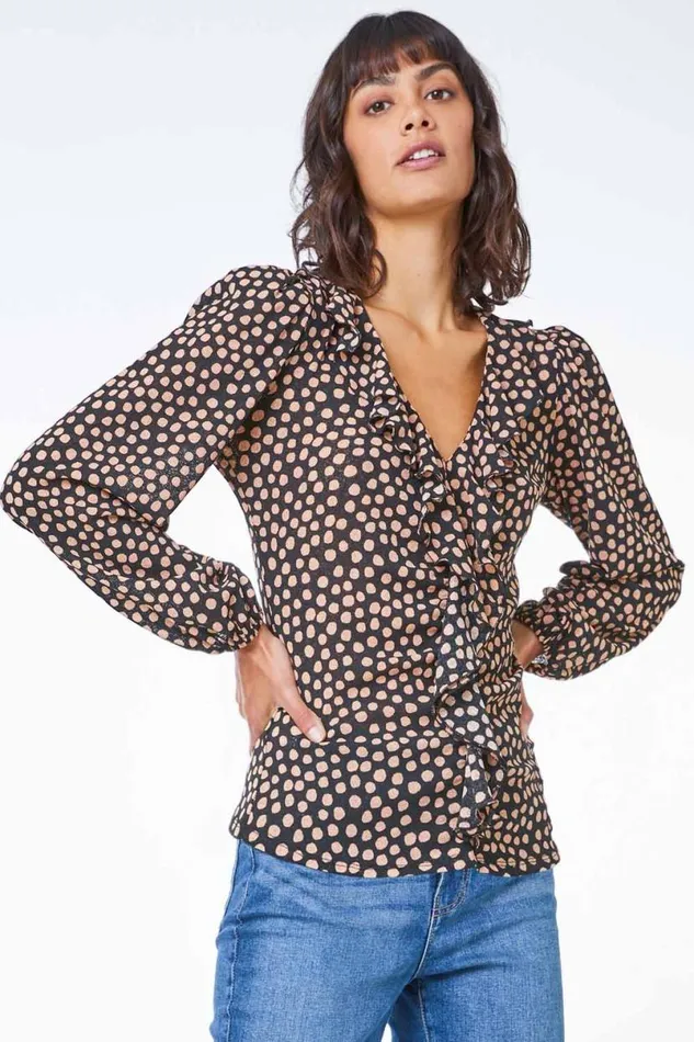 Camel Spot Print VNeck Ruffle Top Women Roman Tops