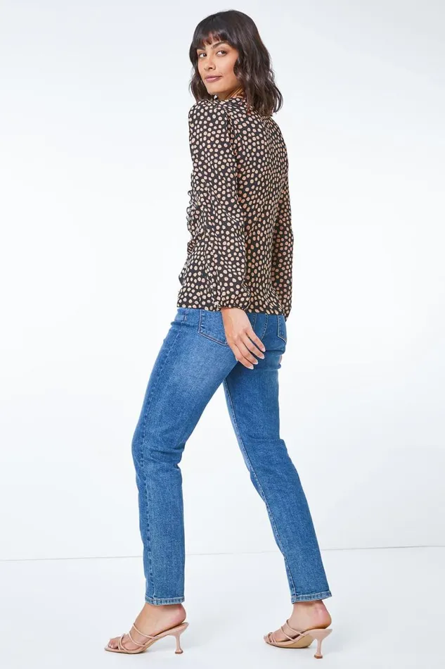 Camel Spot Print VNeck Ruffle Top Women Roman Tops