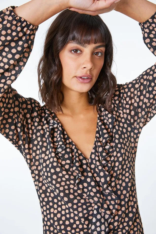 Camel Spot Print VNeck Ruffle Top Women Roman Tops