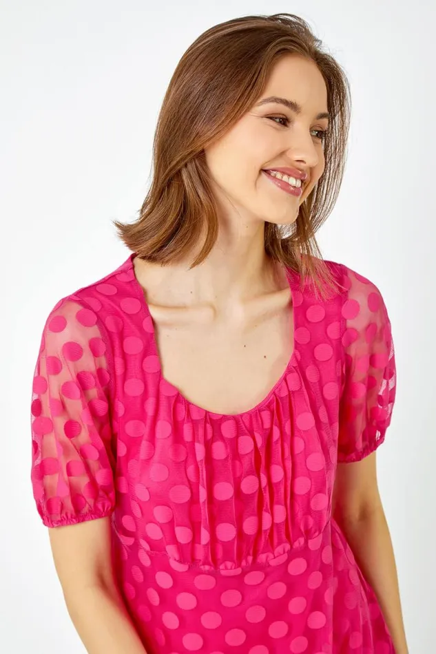 Cerise Textured Spot Print Smock Top Women Roman Tops